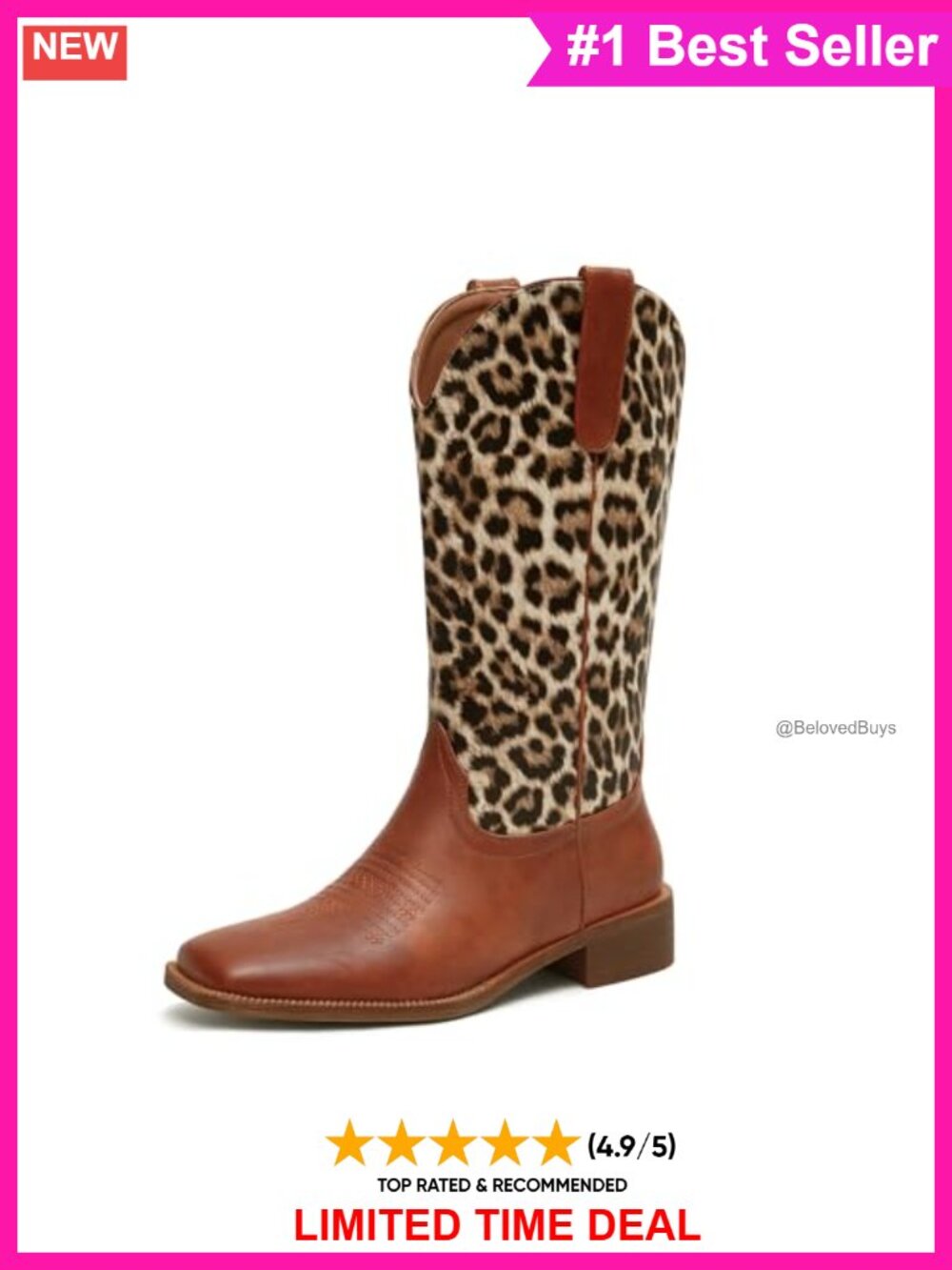 Faux Leather Mid Calf Cowgirl Boots Square Toe Chunky Heel Western